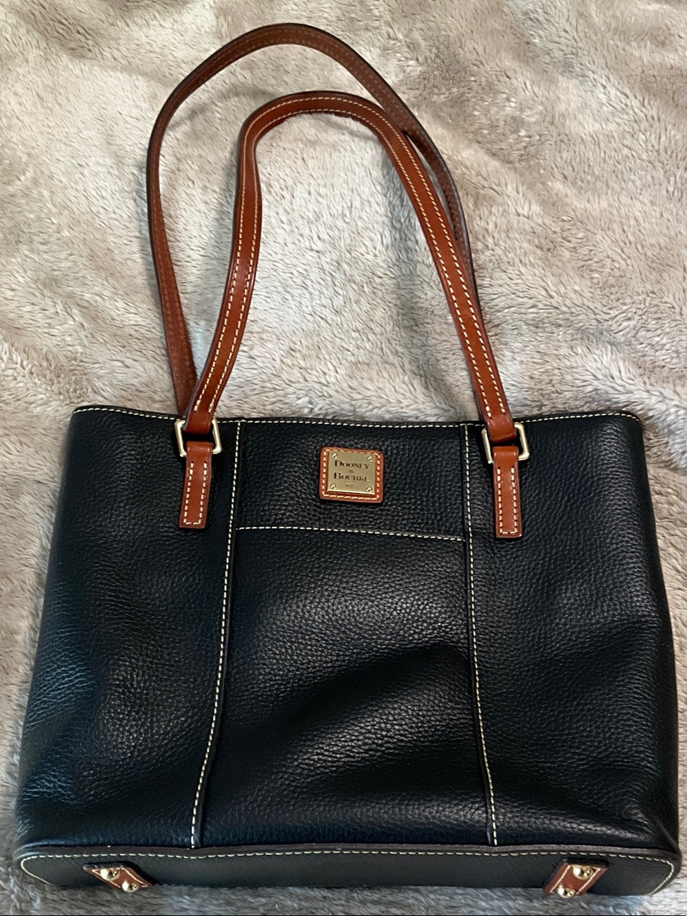 Dooney & Bourke Black Leather Shoulder Tote with Brown Trim